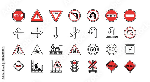 Collection of Road Traffic Signs and Symbols, Vector Icons Set