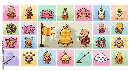 Cute Buddhist Icons Collection: Monks, Lotus Flowers, Bell, Prayer Flags, Incense