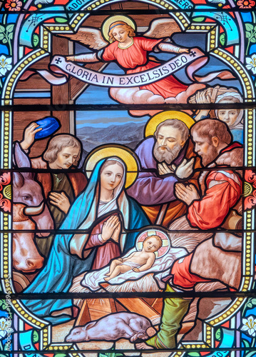 Photography Stained glass of Christmas Nativity Scene with Virgin Mary, Saint Joseph, and Jesus baby