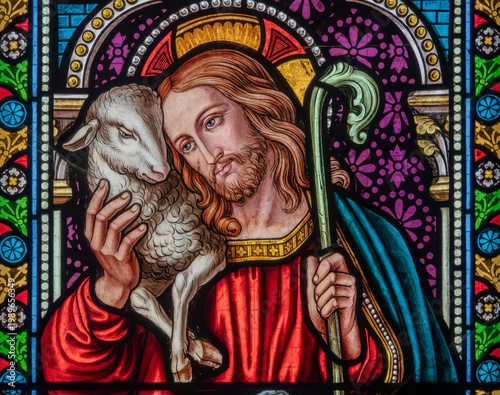 Stained glass (19th century) of Jesus the Good Shepherd.