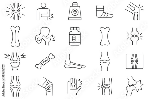 Joint pain icon set. Joint pain treatment line icon vector set such as includes back bone, hand, foot, knee, elbow, injection therapy. vector illustration.