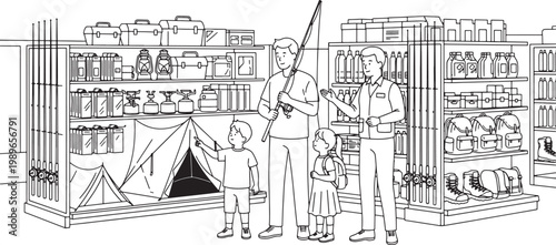 Family Shopping for Camping and Fishing Gear in Outdoor Sporting Goods Store