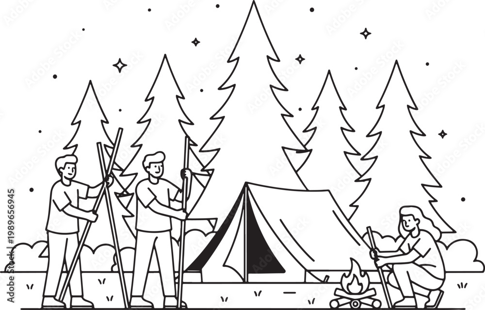 Fototapeta premium Group of Friends Setting Up a Camping Tent in a Pine Forest