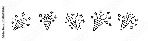 Confetti popper line icons set birthday party celebration surprise event firework festive holiday decoration wedding ceremony confetti anniversary star spray & more vector illustration.