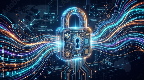 A futuristic digital illustration of cybersecurity protection, featuring a glowing shield with a lock, surrounded by data streams, symbolizing privacy, encryption, and secure network defense against c