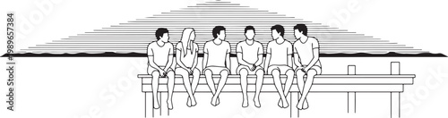 Minimalist Line Art Illustration of Friends Sitting Together on a Wooden Pier