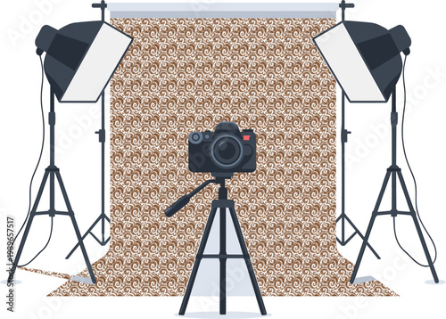 Professional photo studio setup with camera on tripod, lighting equipment, and brown texture background backdrop