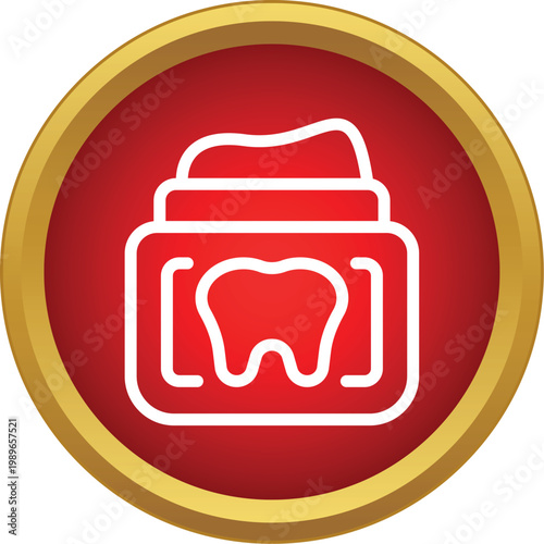 Toothpaste tube icon with a dental tooth symbol in a round red and gold frame