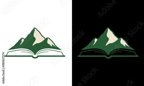 Mountain peaks rising above an open book on a table indoors