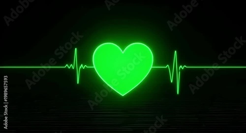 Green color pulse heart beat.Heartbeat on black background with a green heart shape.Animated style.4k video.


