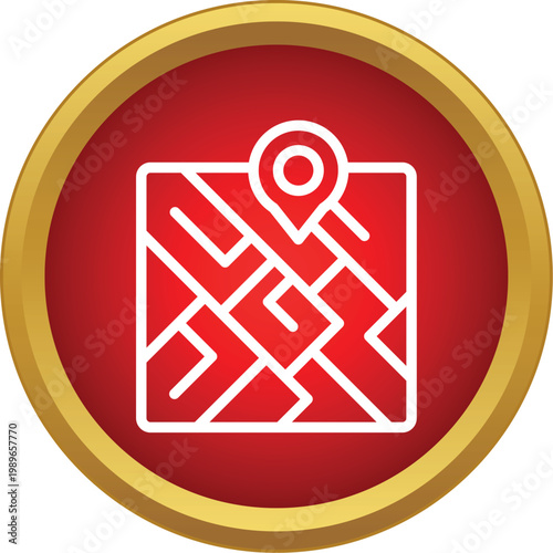 Navigating a location using a map icon with a pointer within a gold bordered red circle