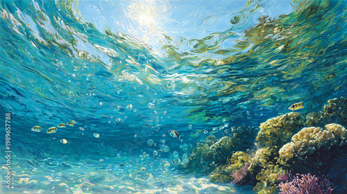 Sunlit Coral Reef Beneath Crystal Clear Ocean Waters