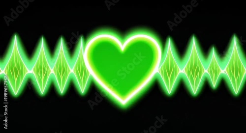 Green color pulse heart beat.Heartbeat on black background with a green heart shape.Animated style.4k video.


