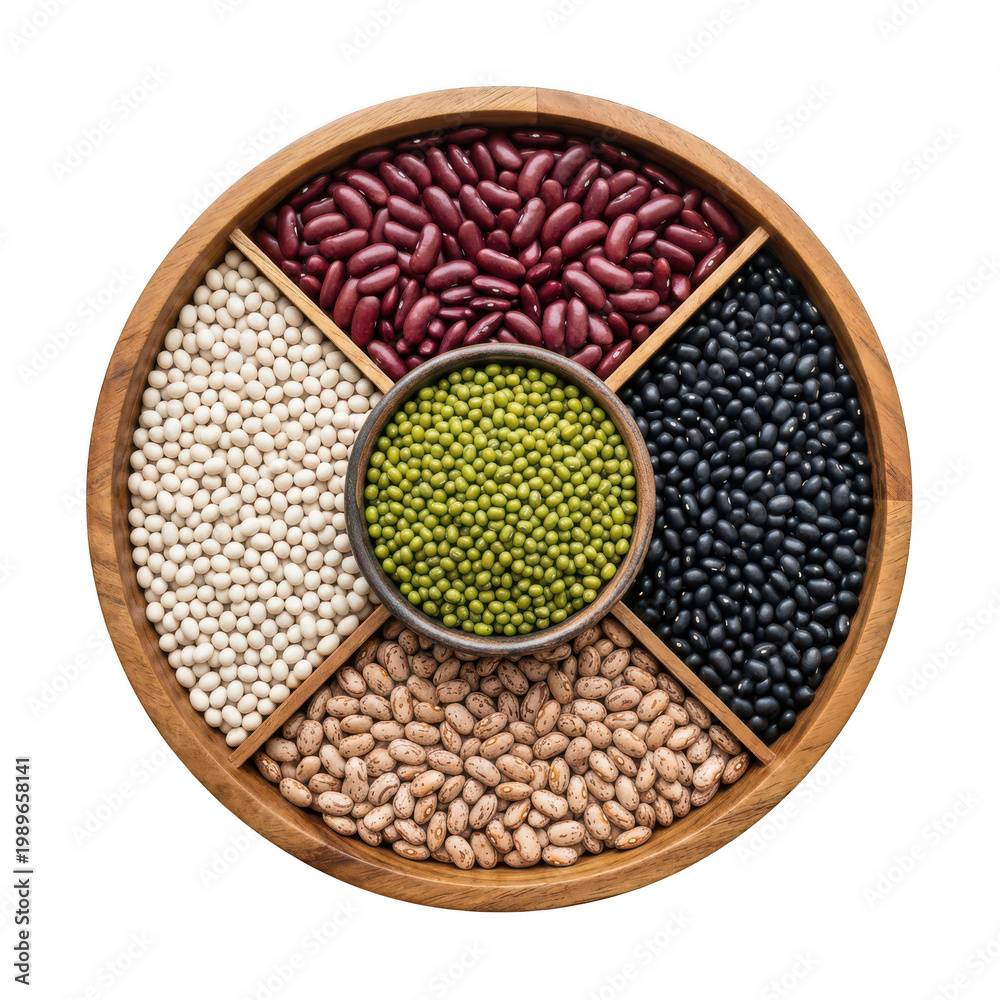 Fototapeta premium Assorted dried beans in a wooden circular divider isolated on transparent