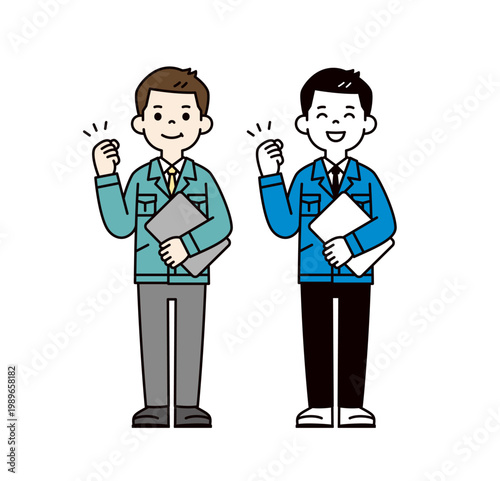 ラップトップを持ってガッツポーズをする作業服を着た男性社員の全身ベクターイラスト素材セット