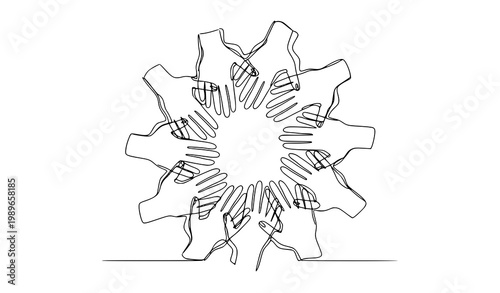 Circular Continuous Line Art Human Hands Unity and Social Support Harmony Concept Vector Illustration Set