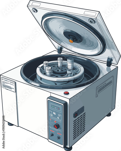 Centrifuge machine with open lid in laboratory setting vector illustration