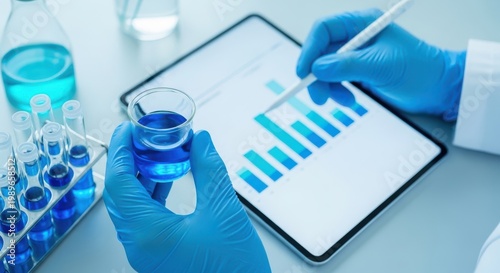 Professional Asian woman scientist chemist technician experiment research in chemistry laboratory data analysis result report scientific innovation document 