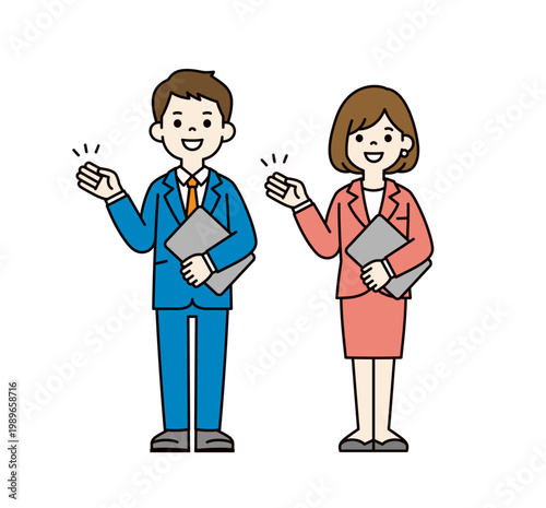 タブレットを持って紹介・案内する、若い男性社員と女性社員の全身ベクターイラスト素材セット