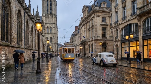 rainy city street with historic buildings and tram