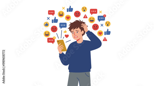 Young man with mobile phone stress.
