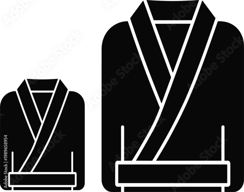 Bathrobe and spa kimono icons set, black silhouette vector symbols for wellness, hotel, and relaxation