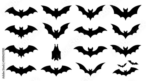 Black bats flying in various positions.