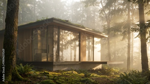 modern wooden cabin in misty forest with large windows