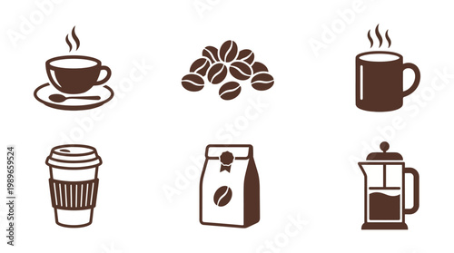 Various coffee-related items including cups, beans, and a French press on a white background