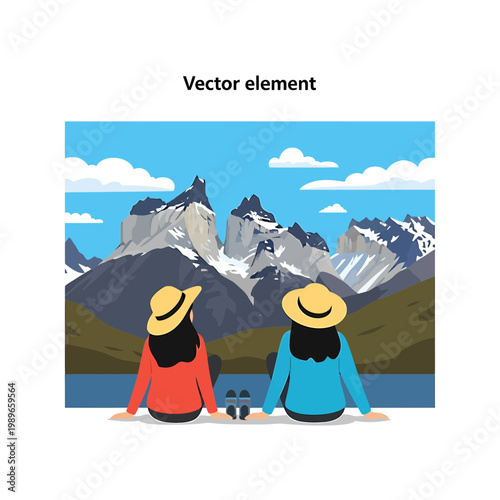Two Women Travelers Admiring Snowy Mountains Landscape Vector