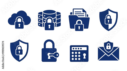 Collection of security icons representing data protection, cloud storage, and privacy measures