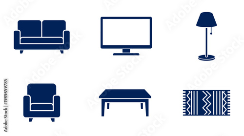 Collection of minimalist furniture silhouettes including a sofa, TV, lamp, armchair, table, and rug