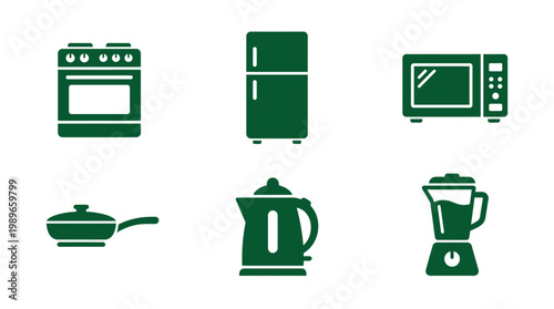 Collection of kitchen appliances including stove, refrigerator, microwave, and blender on white background