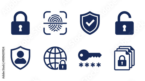 Icons representing security features including locks, shields, and fingerprint recognition technology