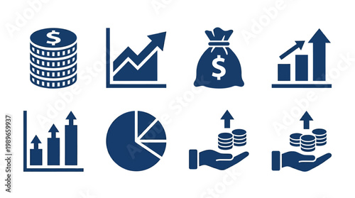 Financial growth symbols depicting coins, graphs, and money bags representing investment trends
