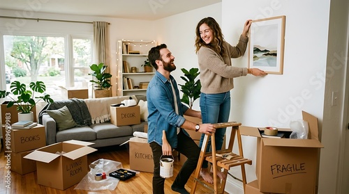 A happy couple decorates their new home, hanging a framed picture while surrounded by moving boxes, creating a warm atmosphere of fresh beginnings, organization, and domestic life.