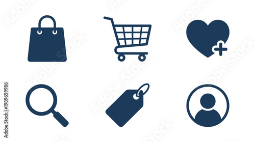 Collection of shopping-related icons including bag, cart, heart, magnifying glass, tag, and user