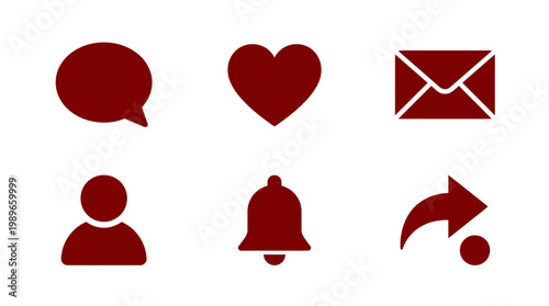 Set of six red icons representing communication, love, messaging, user profile, notifications, and sharing
