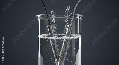 Water electrolysis in a beaker with electrodes, gas bubbles forming on tips, plain charcoal background.
