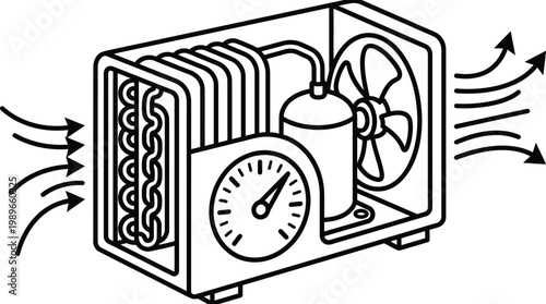 A line art illustration presents a compact cooling unit's internal workings, featuring compressor, coils, fan, pressure gauge, and directional airflow.