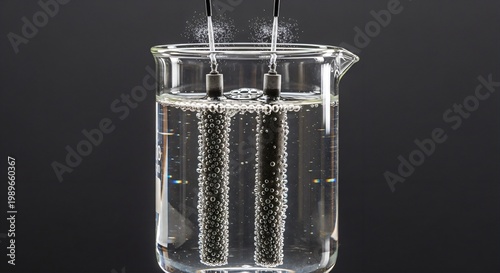 Water electrolysis in a beaker with electrodes, gas bubbles forming on tips, plain charcoal background.
