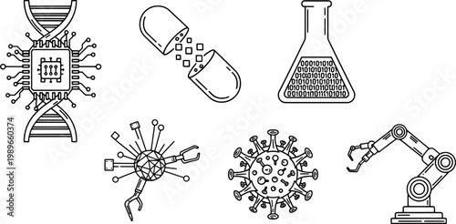 Technical Bio-Medical Nanotechnology and Health-Tech Research Icon Set with Black Line Art.