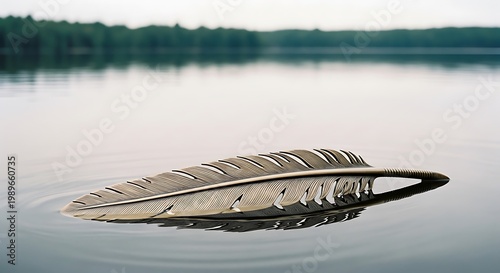 Golden metallic feather floating on calm lake water at sunset
