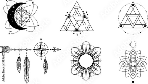 Spiritual Unalome Mandala and Mystic Geometric Symbol Tattoo Flash Vector Collection.