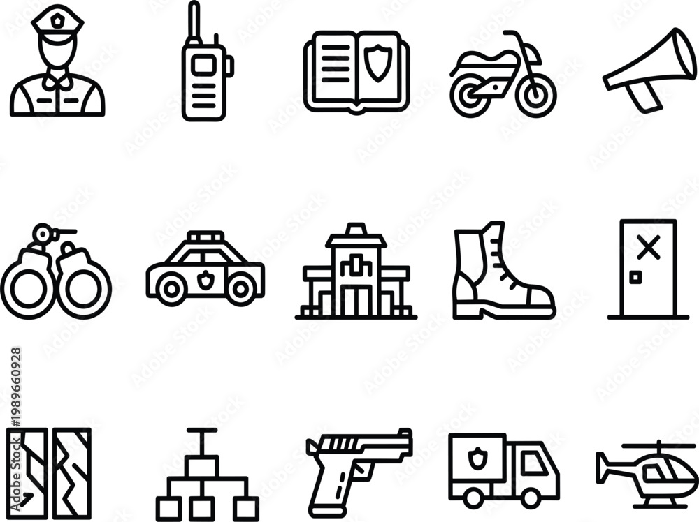 Fototapeta premium Police and law enforcement icons set, outline vector symbols for security, justice, emergency, and protection