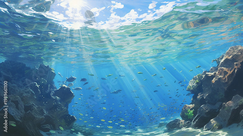 Sunlit Coral Reef Beneath Crystal Clear Ocean Waters