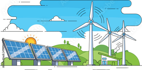 Renewable energy landscape with solar panels and wind turbines generating clean electricity in eco friendly sustainable environment illustration