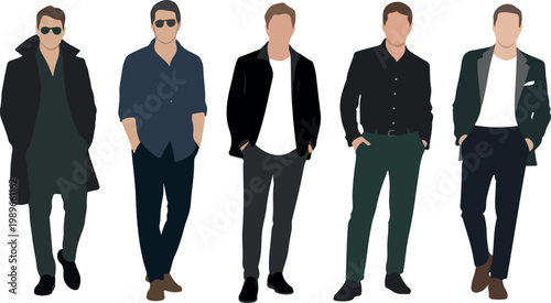 Group of stylish young men in modern trendy outfits casual summer fashion flat vector illustration fashionable male characters isolated on white background