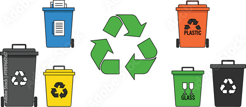 Recycling bins collection with paper plastic glass and general waste containers eco friendly waste management vector illustration