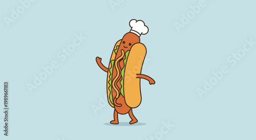 Happy and Cheerful Cartoon Hot Dog Character Wearing a Chef Hat and Smiling on a Light Blue Background